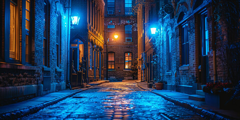 In a mysterious, dimly lit alley of an ancient city, lanterns illuminate the narrow street.