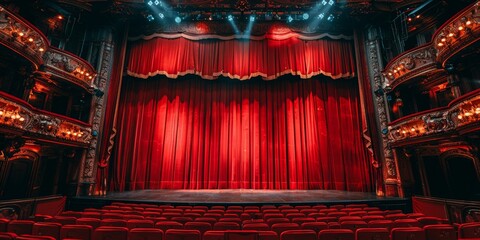 Elegant theatrical drapes, classic red velvet curtain, and marvelous stage set the entertainment...
