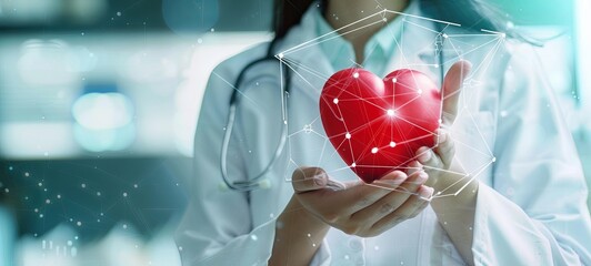 Medicine doctor holding red heart shape in hand and medical network communication icon with modern virtual screen interface, medical network technology concept. generative ai