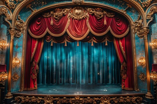 The luxurious theater stage boasts an ostentatious red velvet curtain and golden molding, exuding elegance.