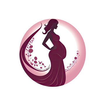 A logo of a pregnant woman seen from the side within a circle