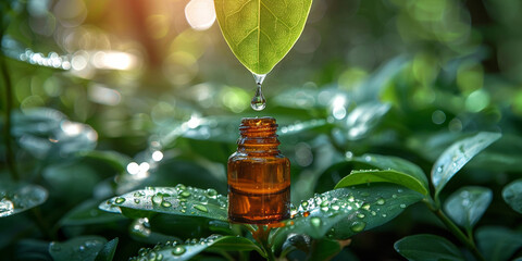 Aromatherapy bottle emits herbal essence for natural therapy in green spa environment.