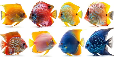 A vibrant aquarium set with exotic tropical fish like discus and cichlids.