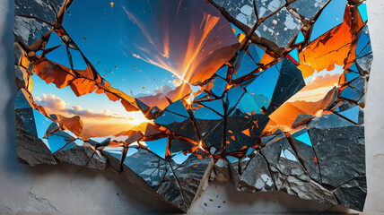 shatter mirror blocks reflect the setting sun - obrazy, fototapety, plakaty
