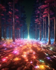Synthetic Forest, towering crystalline trees, casting rainbow-hued shadows on a forest floor of iridescent flora, a magical and surreal digital woodland