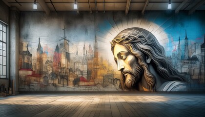 Religious contemporary art. Graffiti representing Jesus on the facade of a building. Copy space