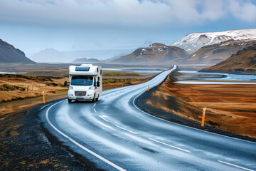 Motorhome camper van RV road trip. People on travel vacation adventure. Tourists in rental car campervan enjoying their trip to Iceland. - obrazy, fototapety, plakaty