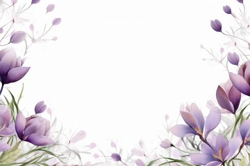Obraz na płótnie Canvas Watercolor crocus clipart with delicate purple and white flowers. flowers frame, botanical border, For wedding cards, covers, invitations, and clipart.