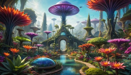 An exotic, alien botanical garden blooms with vibrant flora, towering mushrooms, and a tranquil waterway, inviting exploration.. AI Generation - obrazy, fototapety, plakaty