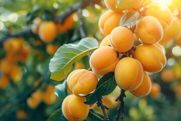 A bunch of ripe apricots hanging on a tree in the orchard. Apricot fruit tree with fruits and leaves. Ukraine