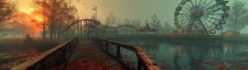 Abandoned amusement park, eerie, rusting and overgrown, haunted and nostalgic , 3D illustration - obrazy, fototapety, plakaty