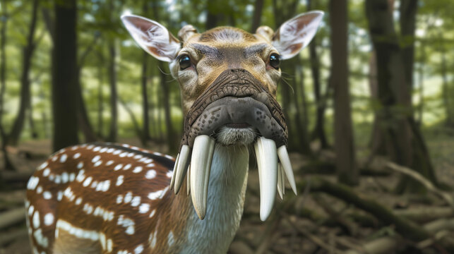 A deer with a large set of teeth is staring at the camera
