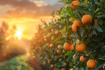 A garden of orange trees at sunset. A ripe crop of citrus fruits on a farm on a summer day