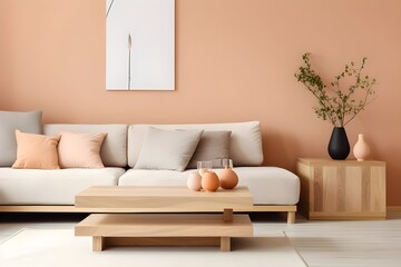 Interior design of living room with copy space beige sofa side table leaf in vase pouf elegant accessories and boucle rug Beige wall Minimalist home decor Template Generative Ai
