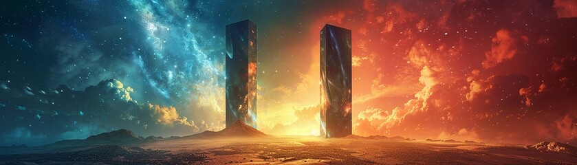 Alien monoliths awakening on Earth, scifi mystery, ancient and futuristic, enigmatic and transformative , vibrant color