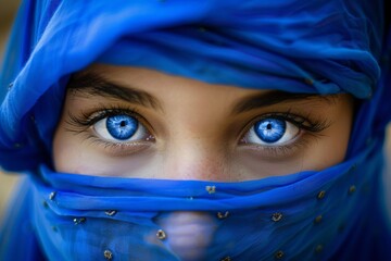 Close up of beautiful blue eyes under an electric blue hijab