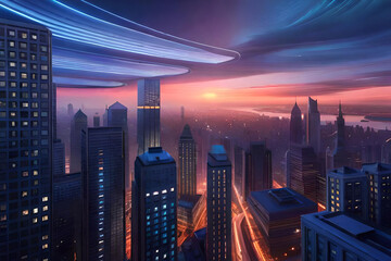 A Mesmerizing Dusk Scene Unveiling the Intricate Interplay of Celestial Wonders and Urban Architecture with Generative AI