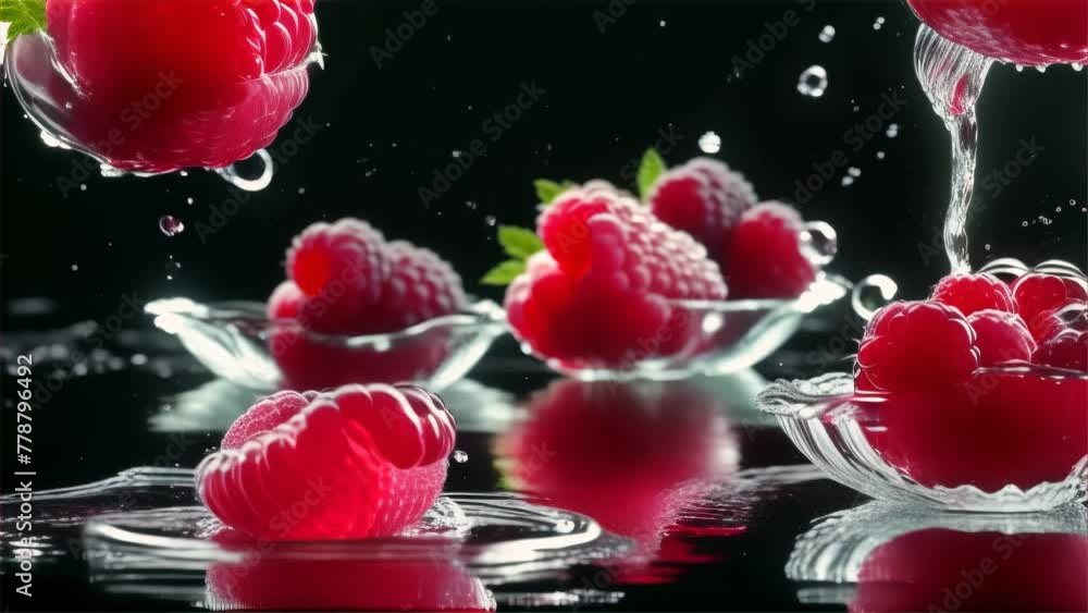 Poster Fresh raspberries caught mid-splash in water, with droplets frozen in time, creating a dynamic and refreshing scene.. AI Generation