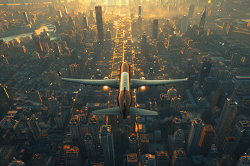 Generate an AI image portraying the thrilling view of an airplane flying over a vast, sprawling cityscape, its wings casting long shadows on the urban landscape below as it glides gracefully through t - obrazy, fototapety, plakaty