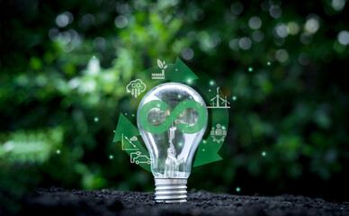 Lightbulb with infinity symbol with environment icon include green factory carbon reduction...
