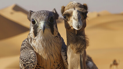 Fototapeta premium A falcon and a camel are standing in the desert