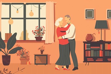 An elderly couple in a warm embrace dances in their cozy living room, surrounded by memories and love