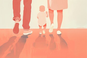 Stylized family walk, with focus on the toddler's first steps, a metaphor for new beginnings - obrazy, fototapety, plakaty
