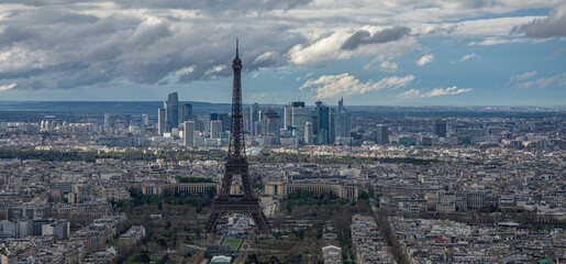 Aerial view on Eiffel Tower and district la Defense in Paris  France - obrazy, fototapety, plakaty