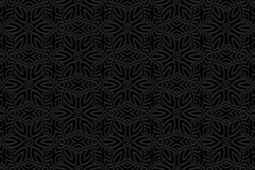 Embossed black background, ethnic cover design. Geometric floral 3D pattern. Tribal handmade style, doodling, boho. Ornamental vintage exoticism of the East, Asia, India, Mexico, Aztec, Peru. - obrazy, fototapety, plakaty