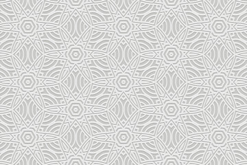 Embossed white background, ethnic cover design. Geometric decorative 3D pattern. Tribal handmade style, doodling, boho. Ornamental vintage exoticism of the East, Asia, India, Mexico, Aztec, Peru. - obrazy, fototapety, plakaty