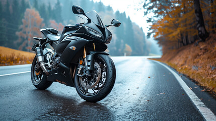Obraz premium black motorcycle on the road, modern sports bike 
