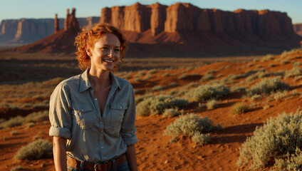 Bellissima donna con capelli ricci e rossi sorride felice al tramonto durante un trekking in vacanza nella Monument Valley negli Stati Uniti d'America - obrazy, fototapety, plakaty