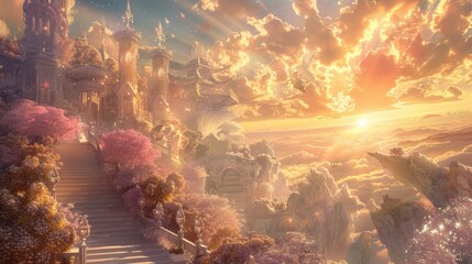 hyper-realistic heavenly kingdom made of light and diamond and a few accented colored-stones with much refraction and bending of light rays beaming through it from behind's sun-rise on gloriously brig - obrazy, fototapety, plakaty