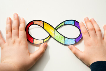 Autism infinity rainbow symbol sign in kid hand. World autism awareness day, autism rights movement, neurodiversity, autistic acceptance movement
