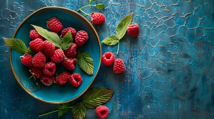 raspberries on a plate on a blue background space for text