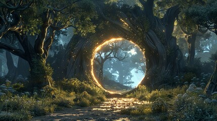 Enchanted forest portal leading to other worlds, fantasy, ancient trees and glowing gateways, mysterious and inviting , 3D illustration