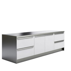 A white kitchen cabinet with silver handles and a silver base. The cabinet is made of metal and has a silver finish