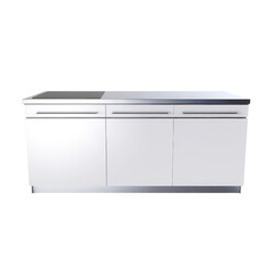 A white kitchen island with three drawers. The island is made of stainless steel and has a black countertop