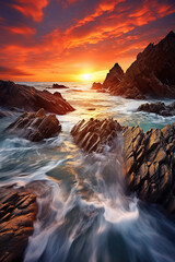 The seascape with ocean and rock formations at a sunset