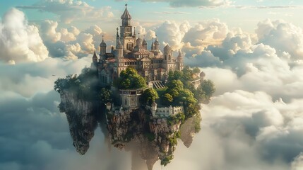 Floating monastery in the sky, high fantasy, serene and isolated, spiritual and timeless , sci-fi tone - obrazy, fototapety, plakaty