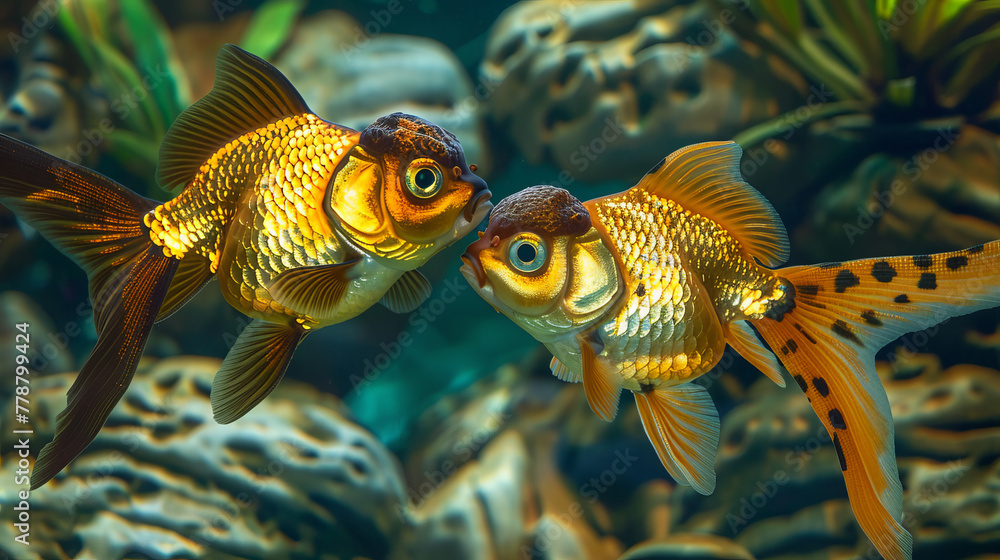 Wall mural Two goldfish swimming together in a tank