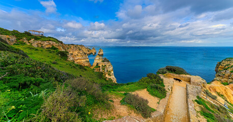 view of the coast of the sea, Ponta da Piedade, Portugal, Algarve, February 2024