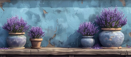 Purple lavender flowers planted in flowerpots displayed on a wooden table against a blue wall,...