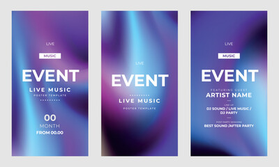 Music event templates set for stories. Night club party, musical entertainment. Colorful design for social networks. Story mockup