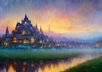 Obraz premium Medieval fantasy fairytale town houses and river, Generative AI