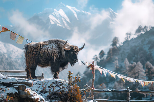 A yak in the Himalayan mountains in Nepal, snowy mountains in the background 