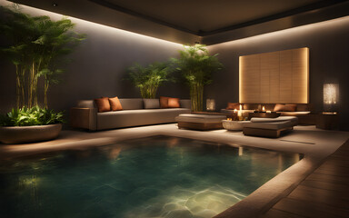 Elegant spa lounge, tranquil water features, bamboo plants, soft lighting, and plush seating,...