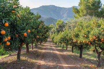 Fototapeta na wymiar an orange grove with lots of oranges growing on the trees