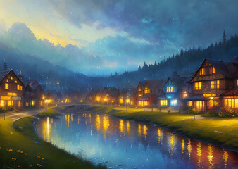 Naklejka premium Medieval fantasy fairytale town houses and river, Generative AI