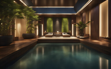 Elegant spa lounge, tranquil water features, bamboo plants, soft lighting, and plush seating, serene ambiance